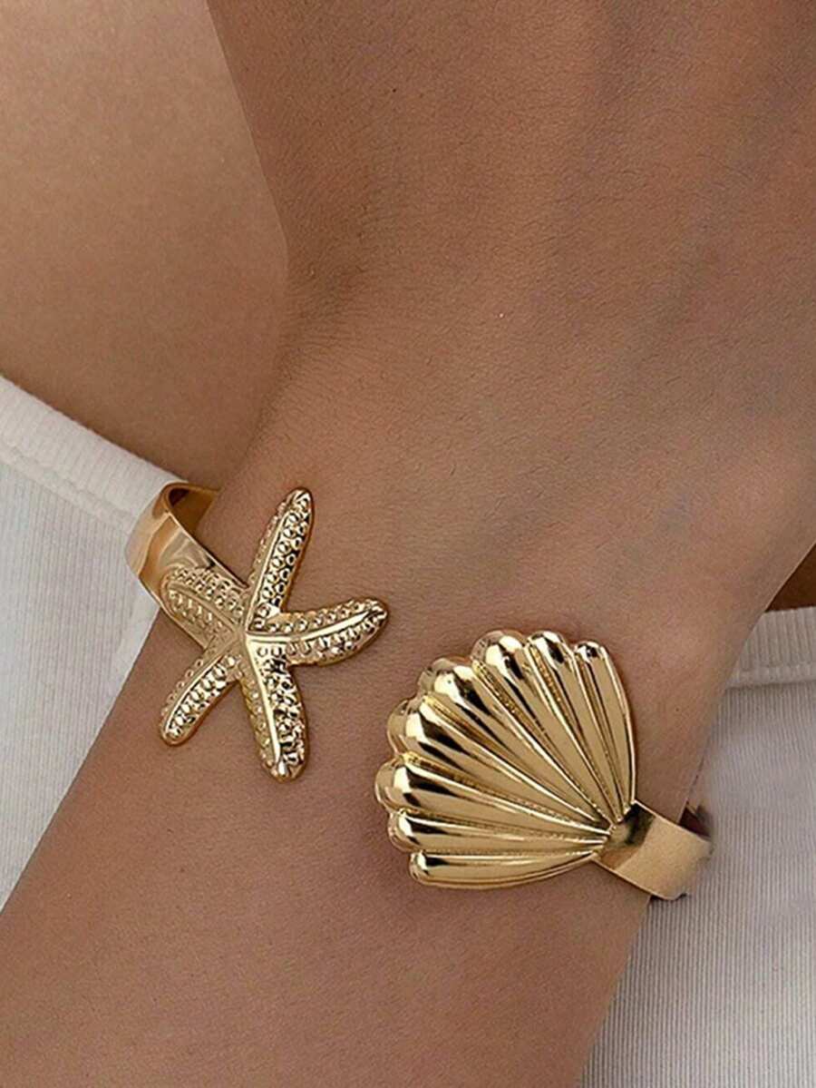 1件海洋之风海星贝壳手链，优雅个性，海滩度假风手链 - 金色 - 查看 1