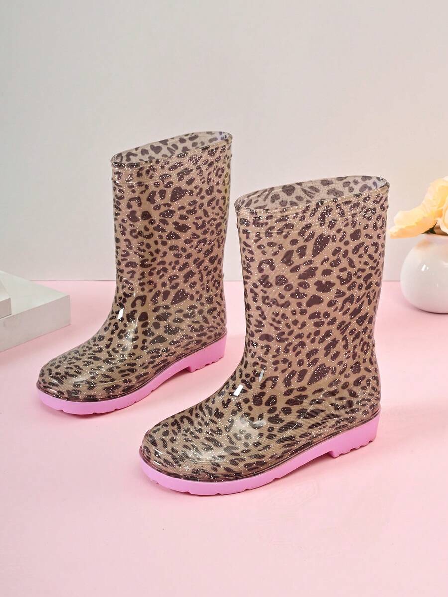 Kids Leopard Print Mid-Calf Boots, Cute Fashion Rain Boots For Playtime & Dates - Orange - View 1