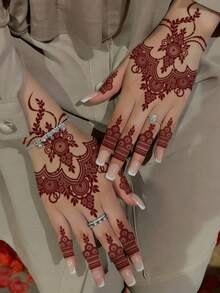 4 Sheets Full Hand Flower Design Brown Red Maroon Sexy Foot Finger Hand Tattoo Sticker Women Flower Henna Tattoo Sticker Flower Waterproof Sticker Brown Tattoo Sticker Women Body Art Sticker Wedding Party Brown Red Tattoo Sticker - Red - View 2