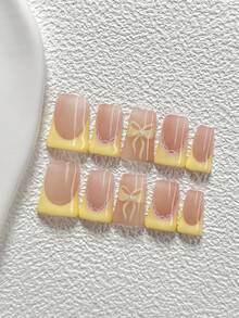 10Pcs Sweet Summer Style Handmade Press On Nail,Polygel Nail Set,Yellow Ribbon Bow,Yellow French Lace Trim,Yellow Nail Polish,Cute And Sweet Style,Includes Nail Tools,3 Sizes Available,Almond,Duck,Coffin Nails For Party,Dance,Daily Wear. - 彩色 - 查看 19