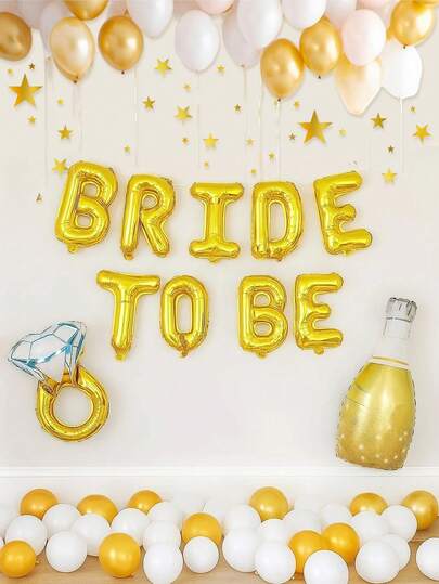 31pcs 16" Bride To Be Letter Balloons & Ring Balloons, Gold Champagne Bottle Balloons, Suitable For Bridal Shower, Bachelorette Party, Engagement Party Decorations
