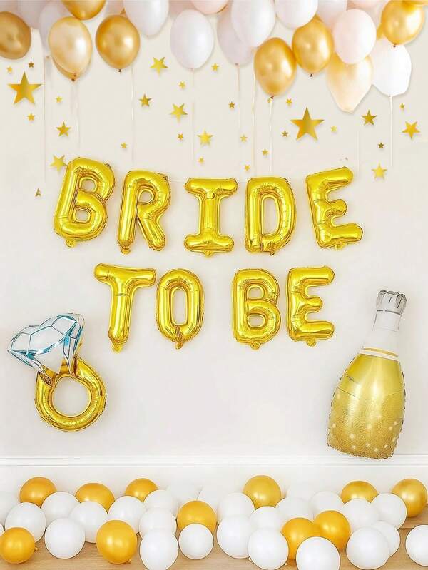 31pcs 16" Bride To Be Letter Balloons & Ring Balloons, Gold Champagne Bottle Balloons, Suitable For Bridal Shower, Bachelorette Party, Engagement Party Decorations