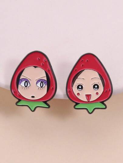 1/2pcs Classic Cartoon Witch Brooch, Cute Strawberry Head & Character Portrait Decor, Cartoon Animation Theme Badge, Unisex Design, Daily Wear Accessory Gift