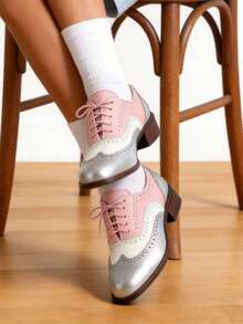 Comfortable Womens Classic Oxfords Lace Up Chunky Heel Oxfords Business Formal Wingtip Brogue Dress Shoes For Women - Hồng - Xem 7