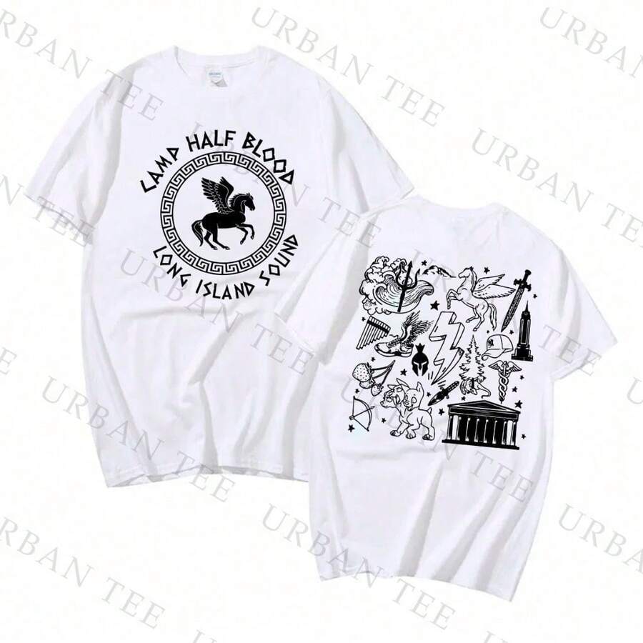 Camiseta Basica Algodao  Camp Half Blood Long Olympians Ilustraçao Unissex01 Moda Maligu - Branco - Visão 1