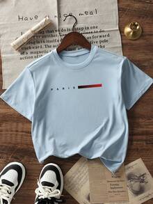 Tween Boys' Casual Navy Blue Round Neck Printed Short Sleeve T-Shirt, Summer Top - Baby Blue - View 3