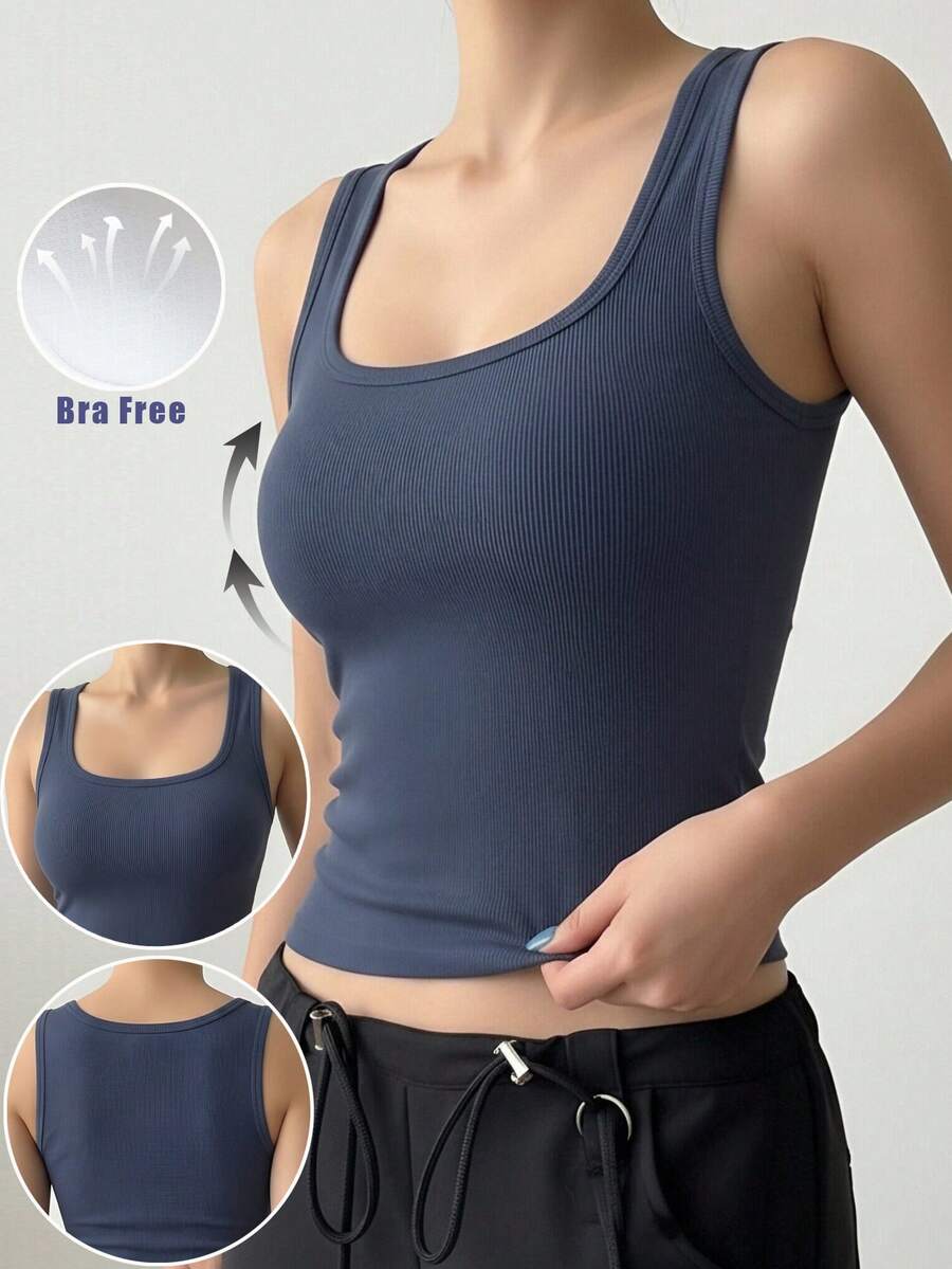 1pc Women Casual Comfortable Padded Deep Blue Square Neck Camisole Top, Slim Fit Ribbed Sleeveless Undershirt, Suitable For All Seasons - Navy Blue - View 1