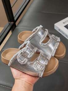 1 Pair Girls' Soft Sole Non-Slip Hook And Loop Strap Sandals, Fashionable Flat Open Toe Comfortable Versatile Outdoor Slippers, Suitable For Summer - Silver - View 5