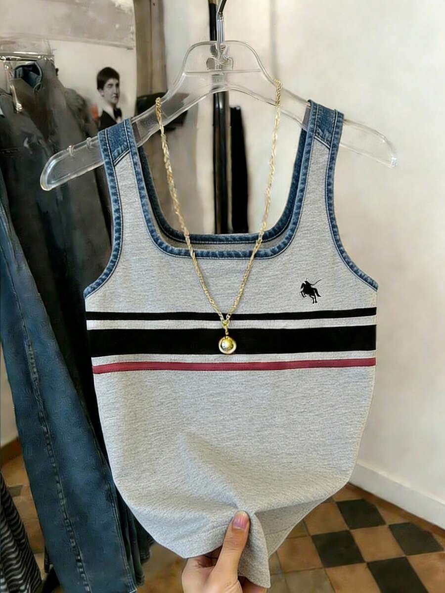 印花三色条纹修身休闲无袖背心，女士夏季穿搭 白色 - 白色 - 查看 1