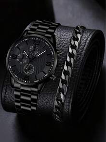 4件套男士黑色钢带时尚休闲商务经典石英表、手链、十字架项链、戒指套装，适合日常佩戴或节日送礼。 - 黑色 - 查看 8