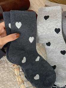 5双装简约心形图案中筒袜，舒适柔软透气，女士休闲日常穿着袜 - 彩色 - 查看 3