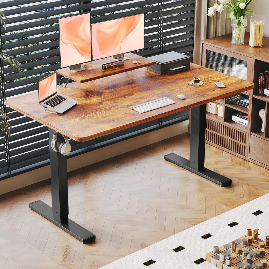 Devoko Gunji 120/140/160cm Height Adjustable Desk With Monitor Stand, Ergonomic Desk For Home Office, Office Table - Rust Brown - View 1