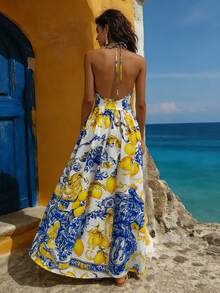 女士度假连衣裙，地中海风情：优雅、时尚、百搭。采用大喇叭裙摆设计，饰以柠檬花印花。露背设计、系带和深V领，尽显优雅性感。女士长裙，适合日常穿着。 - 彩色 - 查看 3