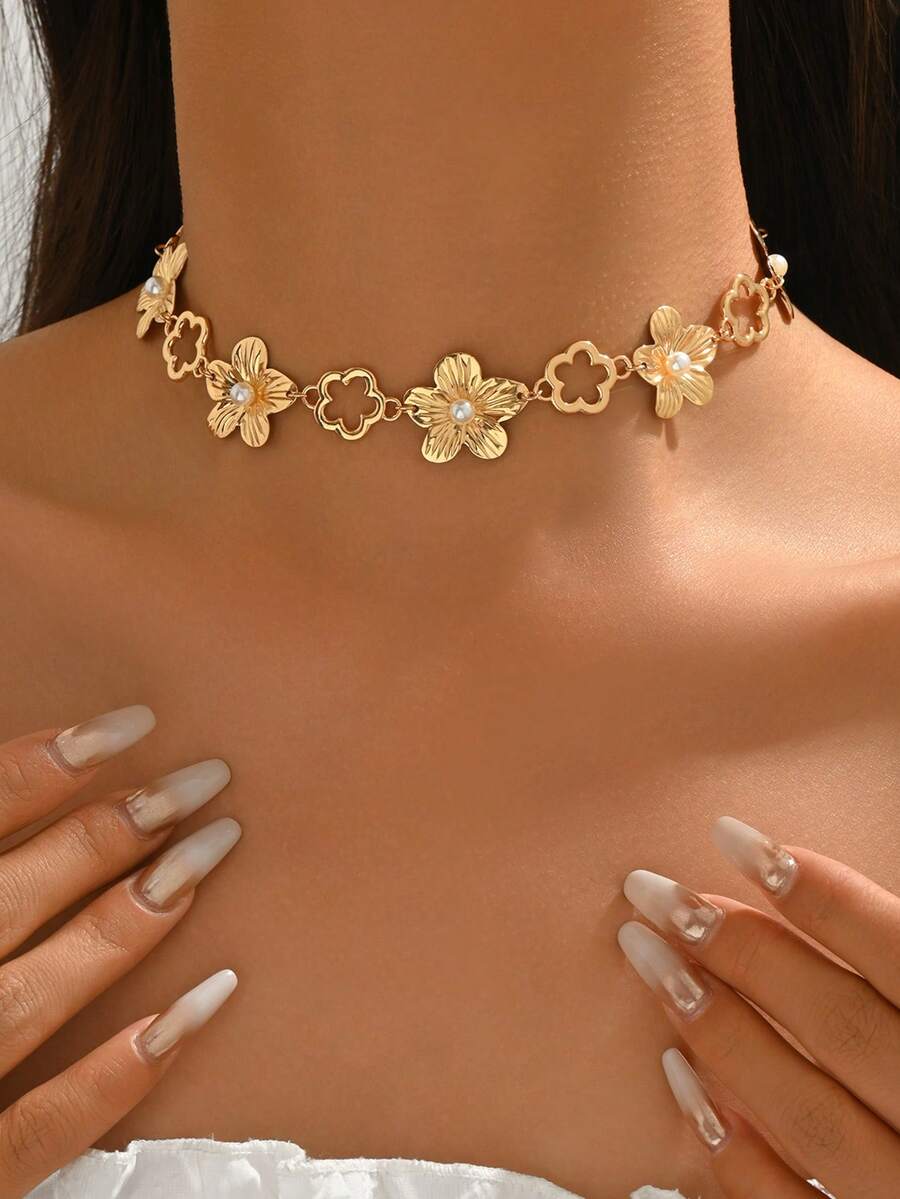 1 chiếc vòng cổ trang trí hình cỏ ba lá rỗng và hoa ngọc trai giả, vòng cổ hoa 3D thời trang, thanh lịch, phù hợp để đeo hàng ngày và dự tiệc. - Vàng - Xem 1