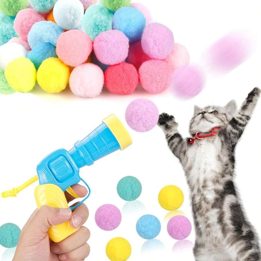 静音猫咪毛绒球玩具发射器，猫咪绒球发射器，宠物球，用于自娱自乐和放松，弹力十足。 - 查看 1