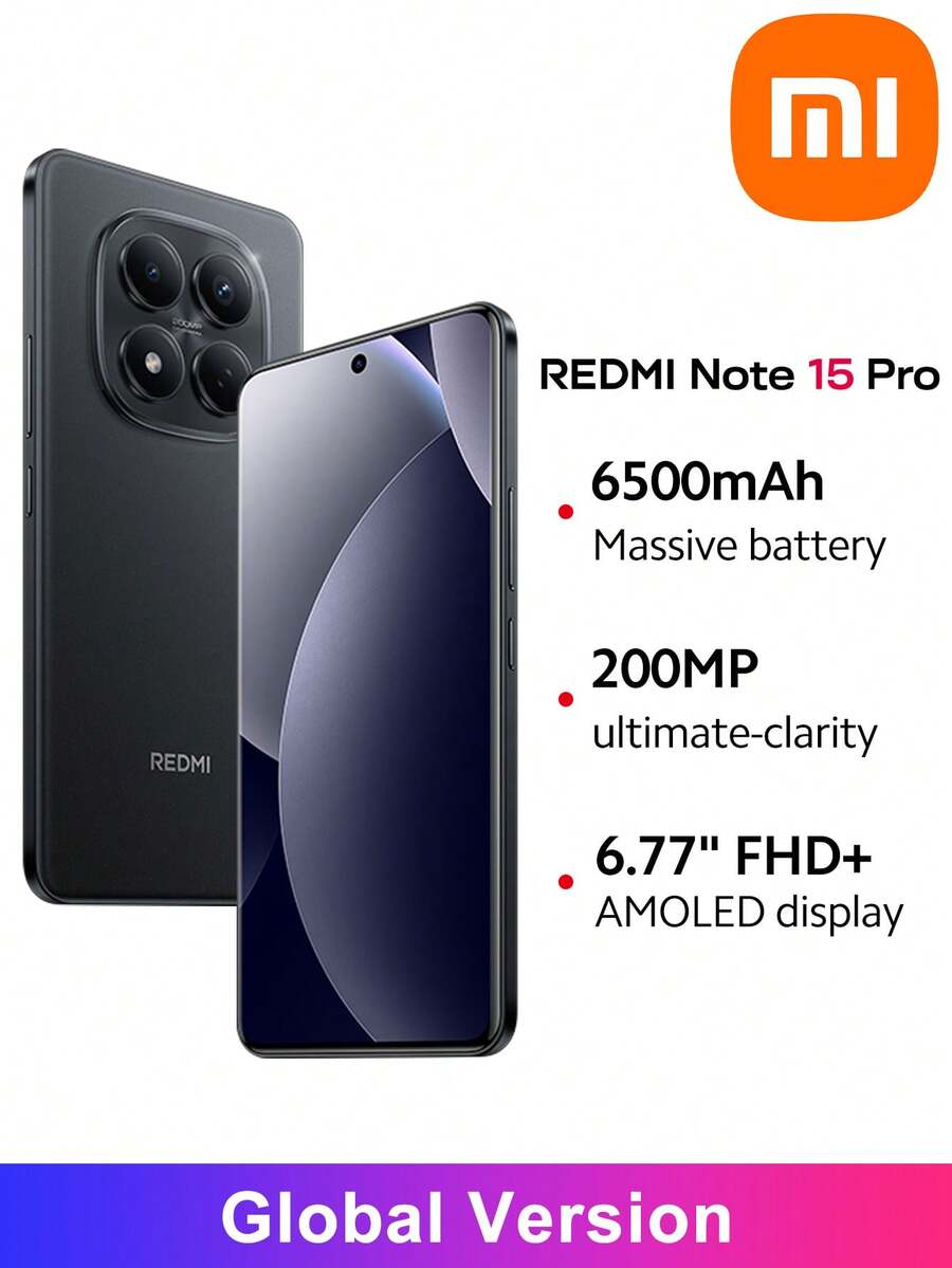 Redmi Note 15 Pro 4G NFC 全球版智能手机，搭载联发科 Helio G200 Ultra 处理器，配备 6.77 英寸 AMOLED 显示屏、2000 万像素超清后置摄像头、3200 万像素前置摄像头、6500mAh（典型值）电池、45W 涡轮快充，以及小米 HyperOS 2 AI 功能。 - 黑色 - 查看 1