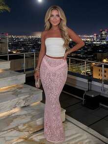 Women's Summer Sheer Lace Floral Cocktail Rave Party Club Long Bodycon Skirt See Through Beach Cover Up Skirt - 粉色 - 查看 2