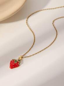 1pc Elegant Luxury Niche Design Strawberry Necklace, Gold Crystal Glazed Strawberry Cherry Fruit Pendant Choker, Sweet Girl Style Accessory, Daily & Date Wear - Gold - View 8