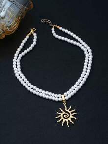 1 Pc Double Layers Faux Pearl Beaded Choker Necklace With Spiral Sunburst Pendant,Summer Sun Charm Statement Necklaces Jewelry For Women - Sun Halo Pearl Necklace - View 2