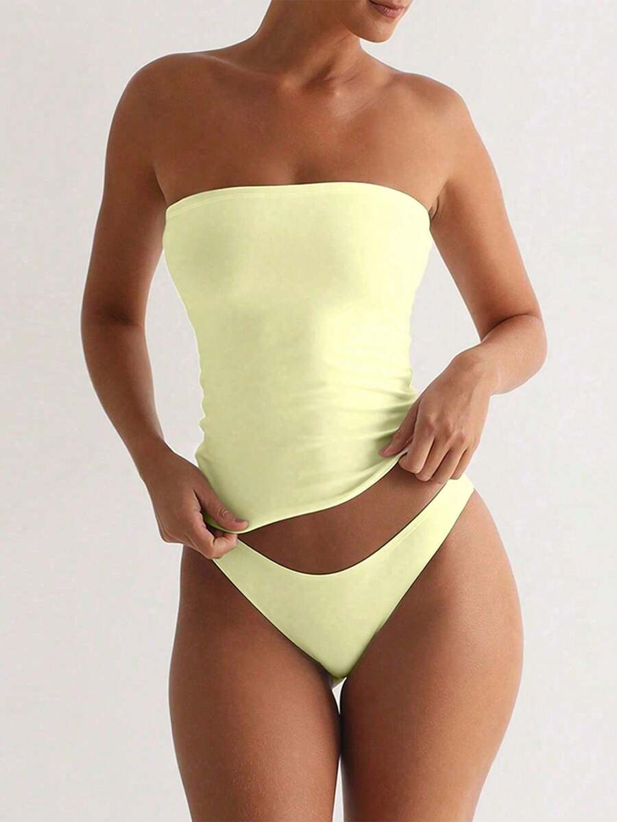Sexy Strapless Basic Camisole, Fashionable Solid Color Elastic Fitted Tube Top For Women, Suitable For All Seasons Summer - Mustard Yellow - View 1