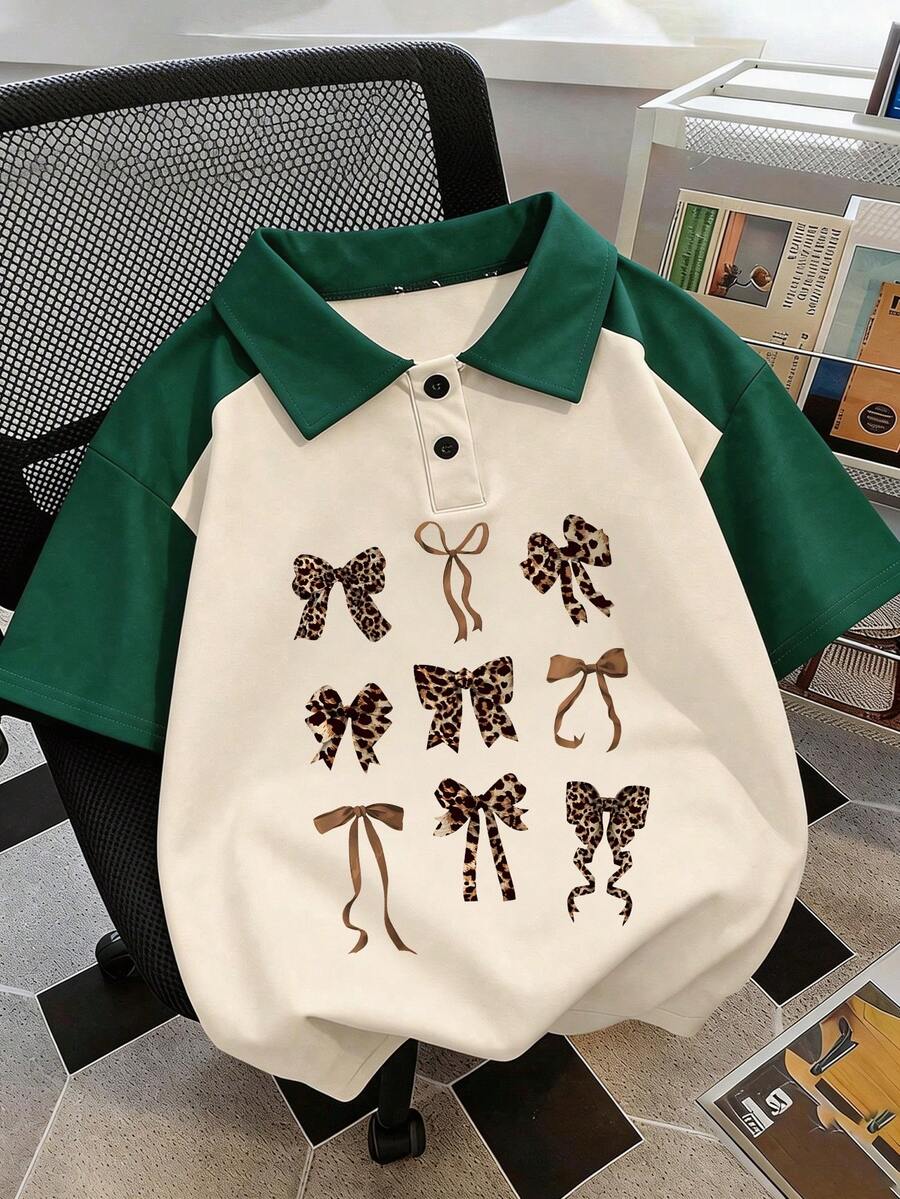時尚休閒豹紋蝴蝶結 Polo 領 T 恤,適合春夏,女孩風格 - 墨綠色 - 查看 1