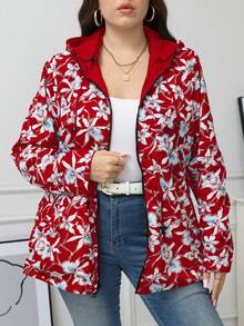 Giolshon 女士加大码休闲连帽风衣外套，双面印花，适合秋冬季节、情人节、春季穿着，红色 - 紅色 - 查看 7