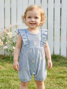 Infant Baby Girls Rompers Daisy Embroidery Stripe Crew Neck Ruffles Fly Sleeve Waffle Infant Bodysuits Jumpsuits - Azul - Ver 3