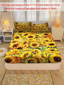 2/3PCS Home Bedding Sunflower Bed Sheet Set Polyester Material Digital Printing Bed Sheet Junior Bedroom Guest Room Holiday Gift Room Decoration Four Seasons 1/2 Pillowcase - Multicolor - View 1