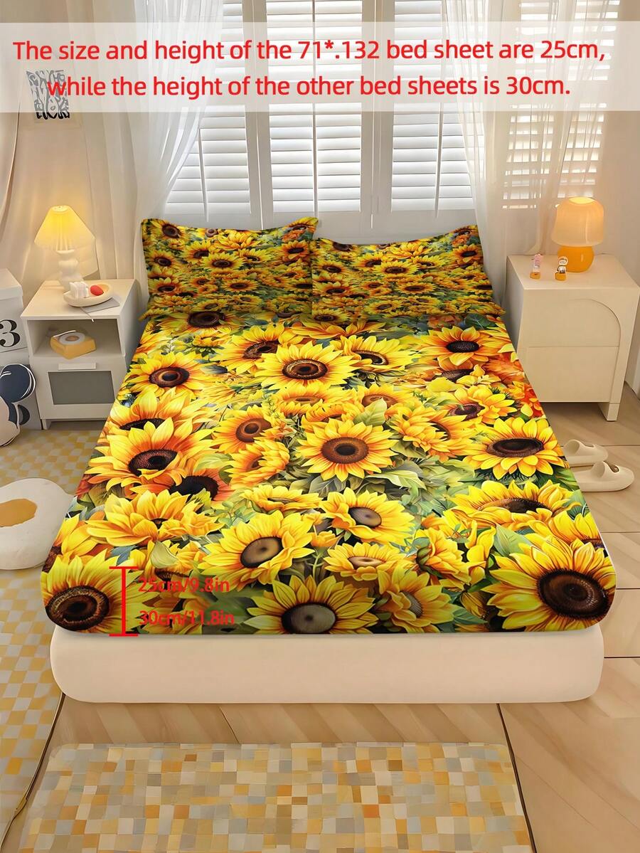 2/3PCS Home Bedding Sunflower Bed Sheet Set Polyester Material Digital Printing Bed Sheet Junior Bedroom Guest Room Holiday Gift Room Decoration Four Seasons 1/2 Pillowcase - Multicolor - View 1