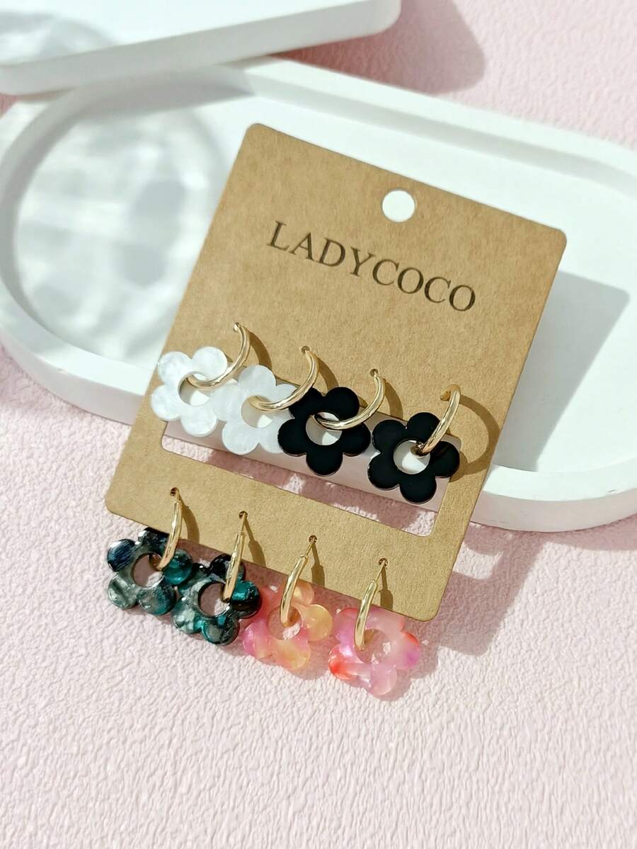 LADYCOCO 4 pares de pendientes de aro de moda para el verano con colgantes asimétricos de patrones de acrílico, adecuados para el uso diario de las mujeres