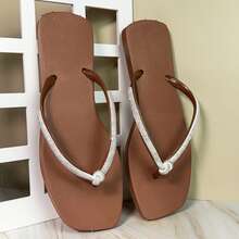 Women's Comfortable Black Square Toe Flip-Flop Sandal With Rhinestone Strap And Bow - Beige - View 2
