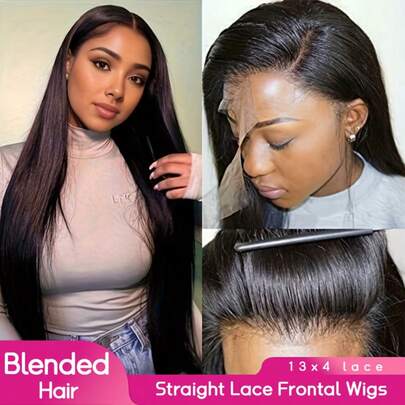 PQL长直发无胶真人混纺假发，180%密度，13x6/13x4高清蕾丝前额假发，女士款，13x6/13x4蕾丝前额闭合假发，预先拔毛，细小发结，自然发际线带婴儿发，16-34英寸