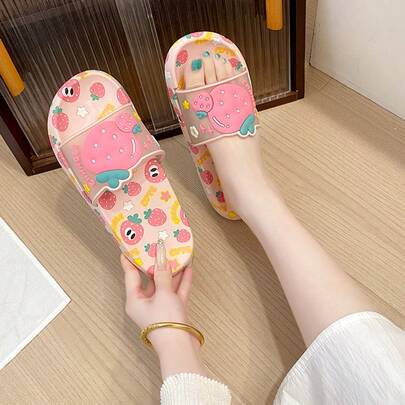 Dép lê đế bằng hở mũi hình dâu tây dễ thương mùa hè mới, đế dày chống trượt, thích hợp mang trong nhà và ngoài trời.