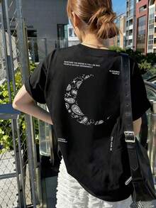 Made In Japan, Spring/Summer Cotton, Round Neck, Loose Fit, Versatile, Simple, English Print Short-Sleeve T-Shirt - Black - View 1