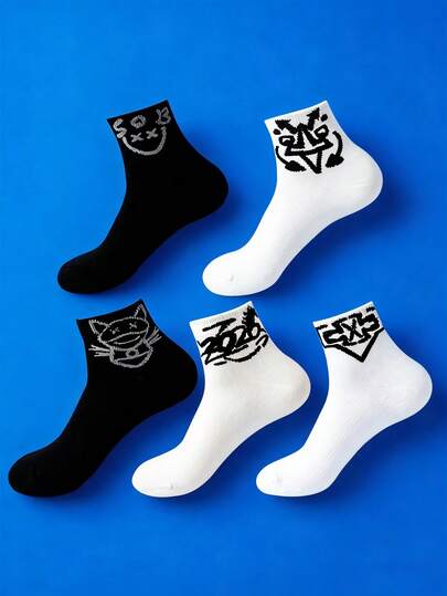 2/3/5双装男士创意卡通短袜，时尚休闲街头风运动袜，轻薄透气，适合春夏穿着，舒适弹力。新颖卡通学院风篮球袜，适合日常穿着/办公/休闲，是春夏及节假日的理想礼物。