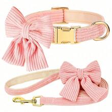 1pc Adjustable Nylon Pet Collar With Bowknot And Leash Set, Cute Collar For Chihuahua, Teddy, Small & Medium Dogs - Pink - View 1
