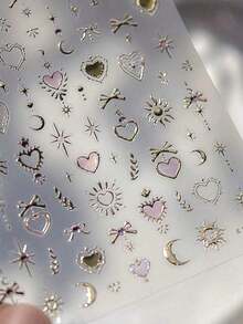 1pc Gold Totem Pink Heart Nail Art Stickers, Holographic Nail Decals, Nail Art Design, Rhinestones, 5D Self-Adhesive, Nail Accessories Women, Aesthetic Nail Art - 彩色 - 查看 6