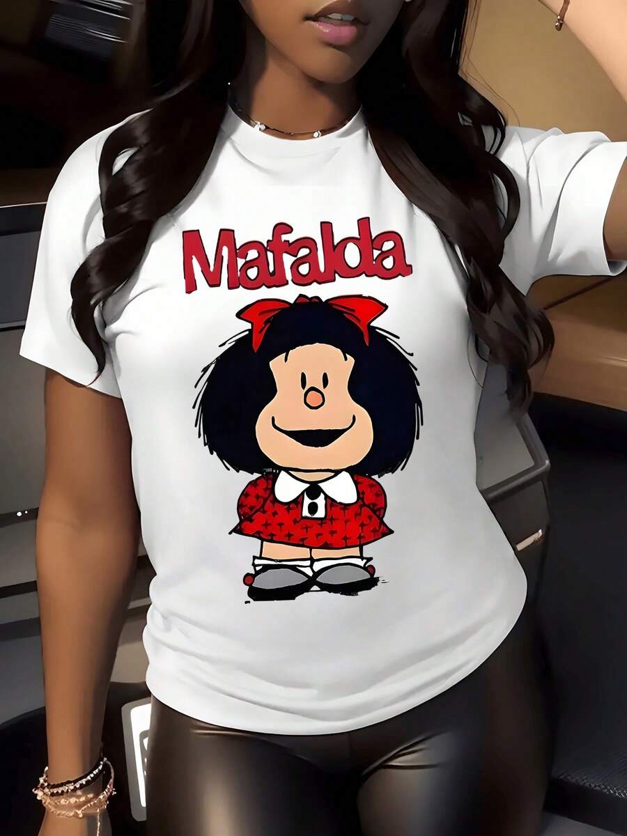 Figura alegre de niña con lazo rojo y vestido con estampado de estrellas simboliza curiosidad y optimismo inspirando un espíritu divertido y libre camiseta de mujer casual moderna 220g - Blanco - Ver 1