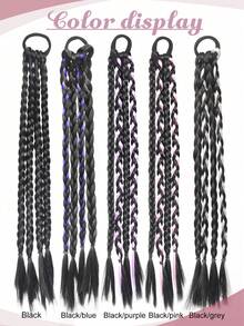 2pcs Fashionable Colorblock Elastic Braided Hair Bands, Ponytail Hair Extensions, Rainbow Color Hair Ties, Boxer Braid Synthetic Hair Extensions, Ombre Hair Scrunchies, Suitable For Women, Girls And Kids For Daily And Party Decor, Length 45cm - Multicolor - View 6