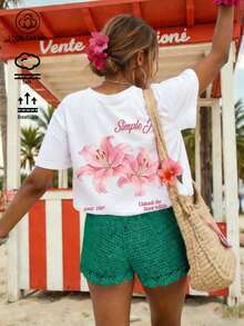 100% Cotton Women's White T-Shirt, Fresh And Gentle Style Lily Flower Pattern T-Shirt, New Sportswear For Spring And Summer Seasons, Fashionable, Soft And Breathable Women's Short Sleeved Top - White - View 2