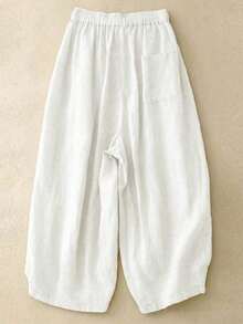 Comfortable Casual High Waist Elastic Linen Pants, Draping Effect, Suitable For Autumn & Summer - trắng - Xem 3