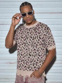 Modcrash Blusa de punto de cuello redondo de corte holgado y estampado de leopardo, para primavera/verano, unisex - Albaricoque - Ver 1