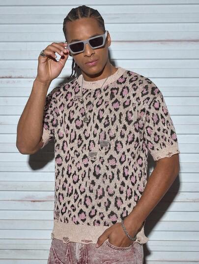 Modcrash Blusa de punto de cuello redondo de corte holgado y estampado de leopardo, para primavera/verano, unisex