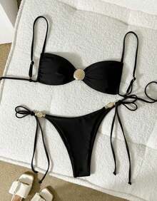Thin Strap Thong Bikini With Side Tie, Shell Buckle, And Padded Cups - Black - View 5