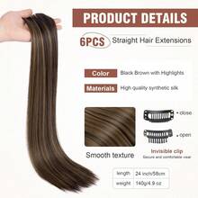 FLUFYMOOZ 6PC Extensiones de Cabello con Clip, juego de 6 extensiones de cabello con clip, 61, lisas, largas, extensiones para mujeres, postizo sintético (Marrón con reflejos rubios) - Negro - Ver 10