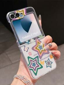1pc Fashion Simple Matte PC Material Simple And Cute Star Element Folding Phone Case, Can Protect And Prevent Falling For: SamsungGalaxy Zflip 3/Zflip 4/Zflip 5/Zflip 6/Zflip 7/ Find N3 Flip/ Razr 50 Ultra/ Razr 60 Ultra/ 60/ Razr 50/XiaomiMIX Flip/Galaxy Z Flip7 FE - Clear - View 6