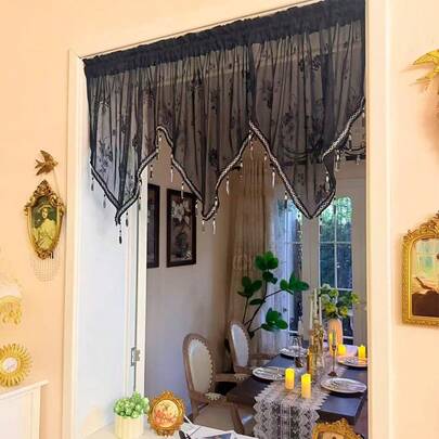 וילון א-סימטרי רומנטי עם ציצית תחרה שחורה, וילון תלייה דקורטיבי לסלון, בית קפה