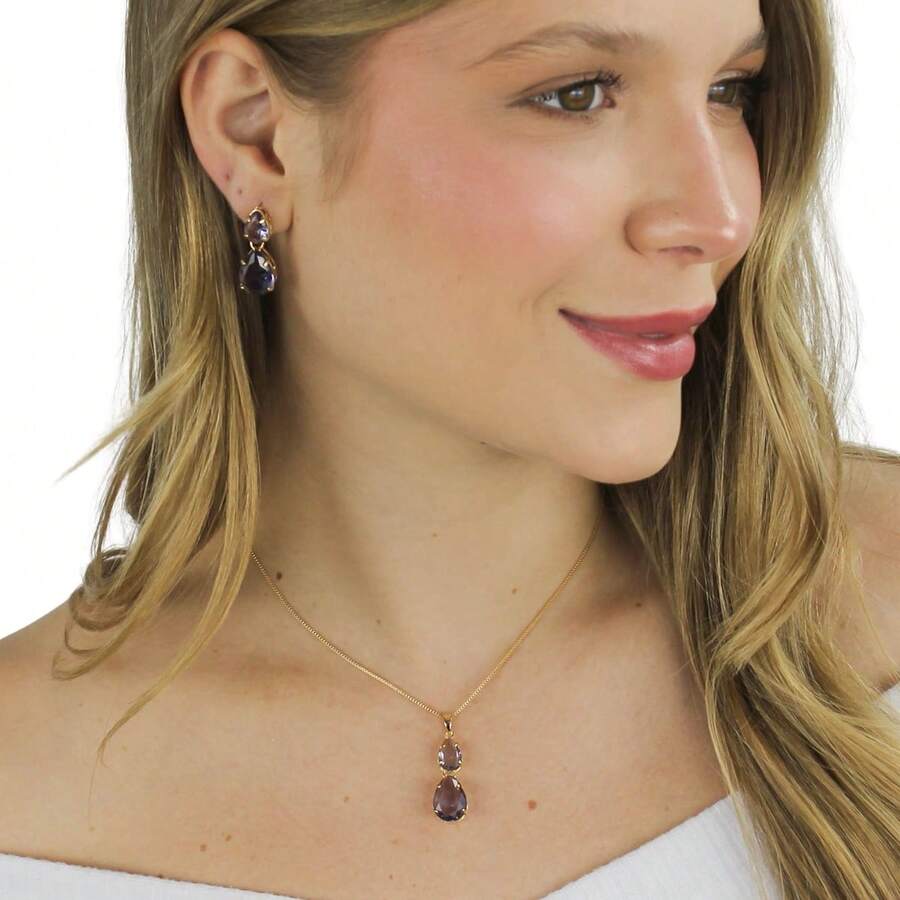 Women's Gold-Plated Costume Jewelry Set With Chain Earrings And Double Drop Pendant - 紫色 - 查看 1