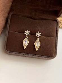 简约闪耀锆石花朵水滴几何耳环，时尚优雅甜美独特耳环，女士奢华高端耳环 - 金色 - 查看 2