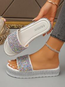 2026 New Rhinestone Embellished Thick Sole Wedge Slippers, Shiny Solid Color Unisex Crystal Sandals For Spring/Summer - White Colored Diamonds - View 2